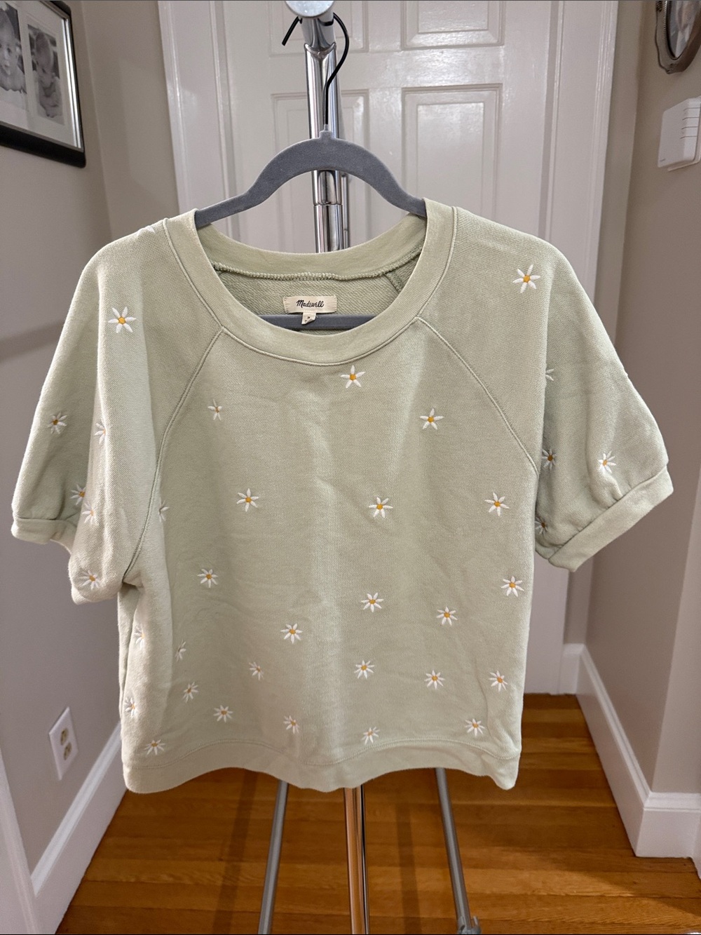 Madewell Sage Green Daisy Embroidered Short Sleeve Sweatshirt